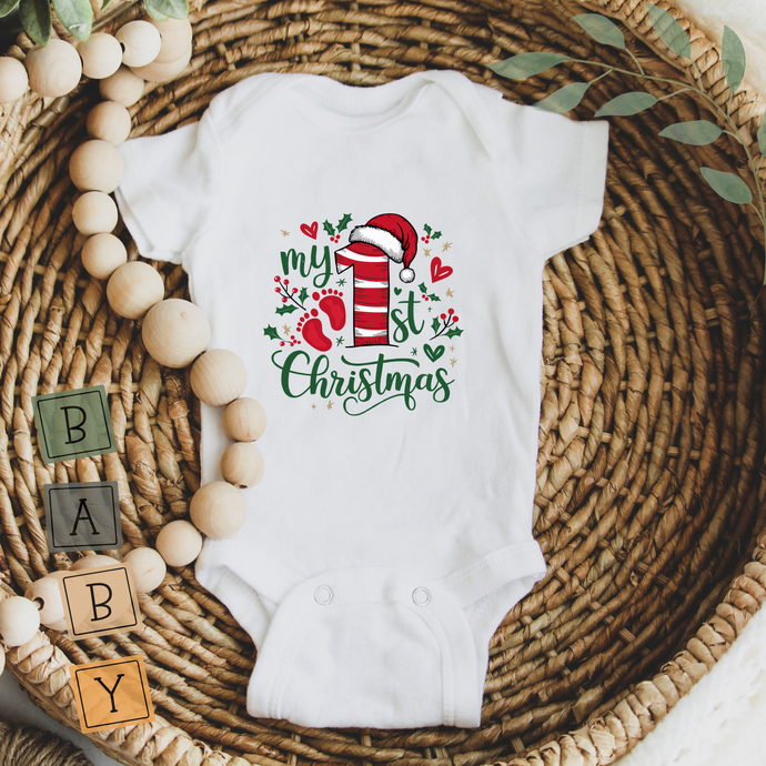 My 1st Christmas baby bodysuit with Santa hat and holly print