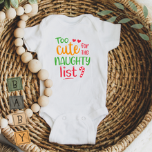 Load image into Gallery viewer, Too Cute for the Naughty List baby bodysuit with candy cane design
