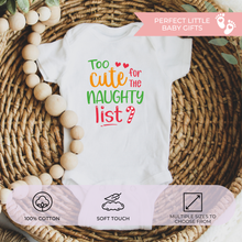 Load image into Gallery viewer, Funny Christmas baby outfit flat lay with festive red and green print
